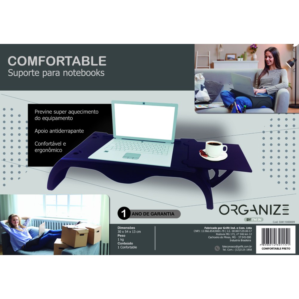 Especificações técnicas do suporte para notebook Comfortable — 30 x 54 x 13 cm, 1 kg
